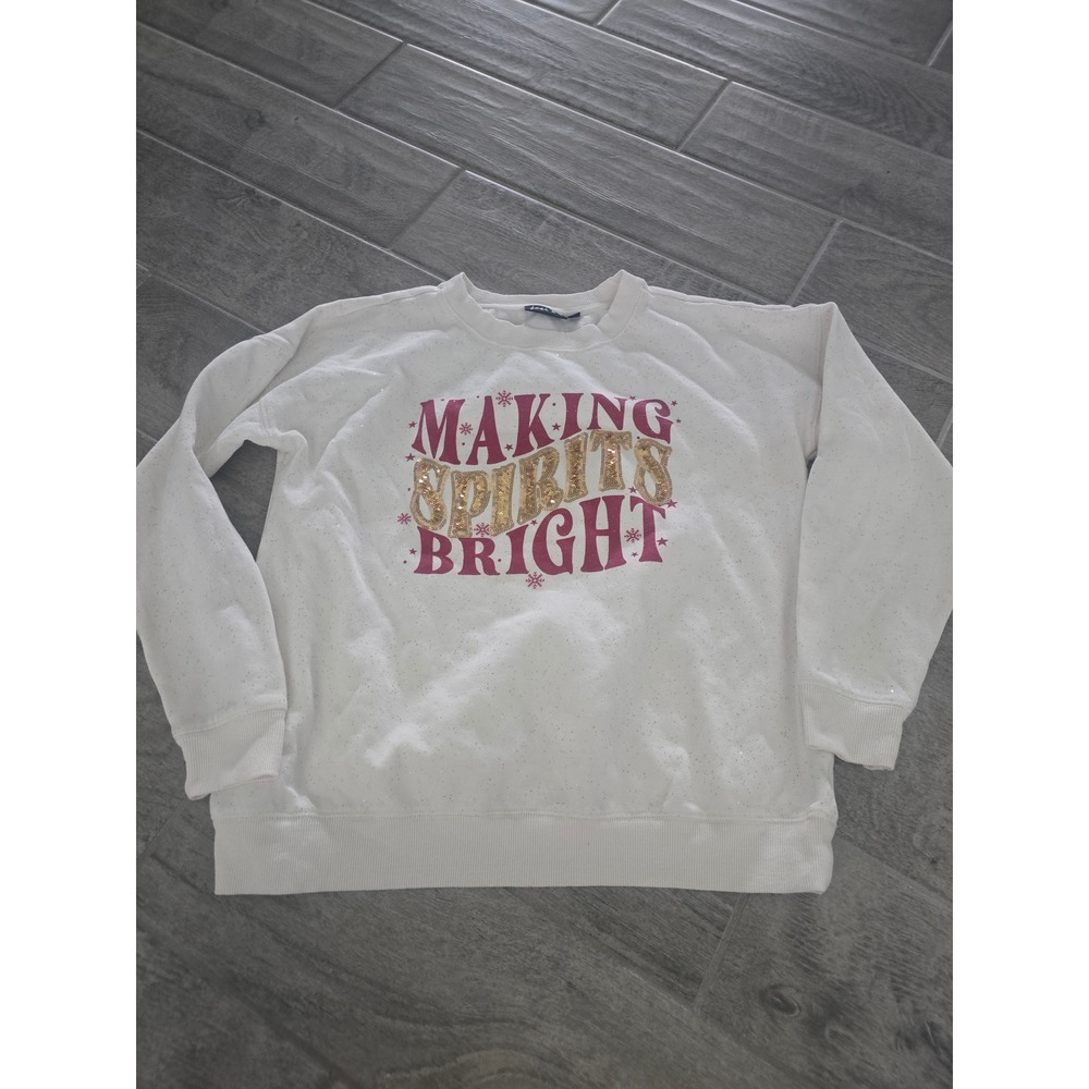 Joei & i Womens White Making Spirits Bright Sequin Christmas Sweatshirt Medium